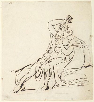 Dwie postacie siedzące; na odwrocie: szkice przedstawiające grupę trzech postaci autorstwa George Romney