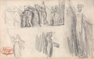 Uciekające kobiety i dzieci oraz trzy szkice przedstawiające stojącą postać kobiecą autorstwa George Romney