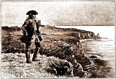 Kapitan Billy Bones obserwujący przybycie piratów autorstwa George Roux