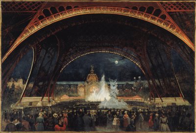 Nocne przyjęcie na Wystawie Powszechnej 1889, pod Wieżą Eiffla, ok. 1889 (olej na płótnie) autorstwa George Roux