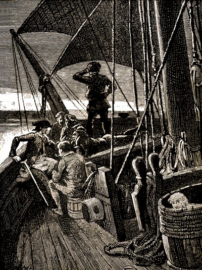Jim Hawkins podsłuchuje rozmowę ujawniającą bunt piratów autorstwa George Roux