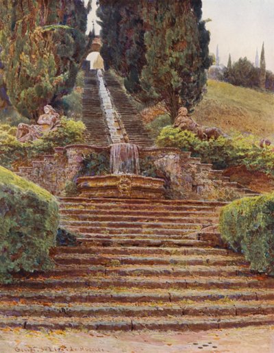 Włoskie ogrody: Kaskada, Villa Cicogna (kolorowa litografia) autorstwa George Samuel Elgood