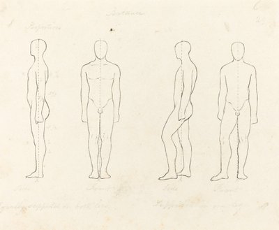 Zakres ruchu, widok z przodu i z boku, wsparty na jednej nodze autorstwa George Scharf after John Flaxman