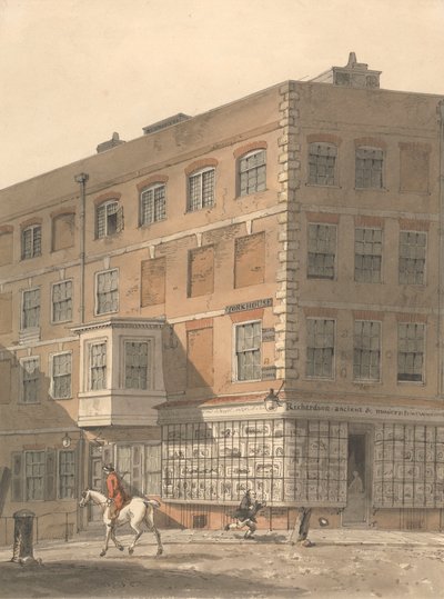 York House, róg Villiers Street i Strand, ze starożytnym i nowoczesnym magazynem drukarskim Richardsona na pierwszym planie autorstwa George Shepheard