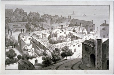 Widok z lotu ptaka na pałac biskupa Winchester, Southwark, Londyn, ok. 1820 r. autorstwa George Shepherd