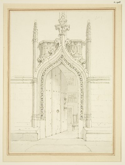 Wejście do pokoju zakrystii St Mary Redcliffe, c.1812 (ołówek i akwarela na papierze) autorstwa George Shepherd