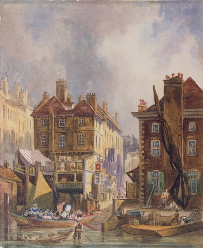 Stary targ Hungerford od strony rzeki, Londyn, ok.1810 autorstwa George Shepherd