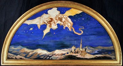 The Dragon Passing Over Travelers (akwarela z body & złoto na jedwabiu) autorstwa George Sheringham