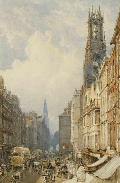 Fleet Street patrząc na Temple Bar ze starymi St. Dunstans i St. Clement Danes, 1834 autorstwa George Sidney Shepherd