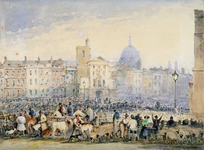 Widok na targ Smithfield z postaciami i zwierzętami, City of London, 1824. autorstwa George Sidney Shepherd