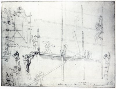 Stawianie rusztowania przed domem Craiga, Francis Street, Londyn, 1841 autorstwa George Snr Scharf