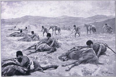 Kozak i jego koń: urządzenie do zabezpieczania osłony podczas potyczki, ilustracja z Cassells History of the rosyjsko-japońskiej wojny t. 1, ok. 1900 autorstwa George Soper