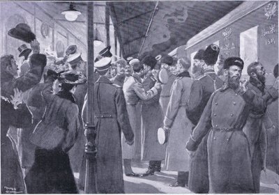 Car żegnający się z oficerami gwardii cesarskiej, ilustracja z Historii wojny rosyjsko-japońskiej w Cassells t. 1, ok. 1900 autorstwa George Soper