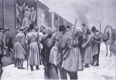 Wyjazd wojsk rosyjskich na Daleki Wschód, ilustracja z Cassells History of the rosyjsko-japońskiej wojny t. 1, ok. 1900 autorstwa George Soper