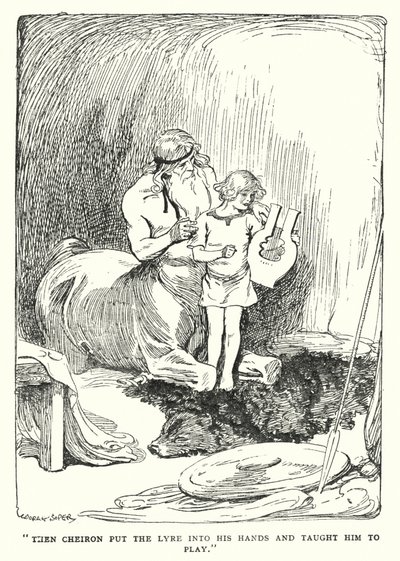 Jason i Argonauci: „Wtedy Cheiron włożył mu lirę w ręce i nauczył go grać” (litografia) autorstwa George Soper
