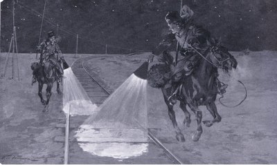 Na kolei mandżurskiej: Nocny patrol, ilustracja z Historii wojny rosyjsko-japońskiej Cassells, t. 1, ok. 1900 autorstwa George Soper