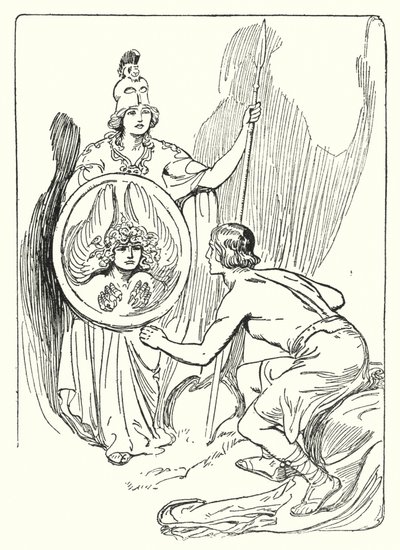 Perseusz: „W lustrze tarczy pojawiła się twarz” (litografia) autorstwa George Soper