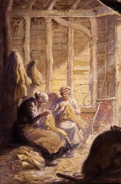 Szycie worków w stodole (akwarela na papierze) autorstwa George Soper