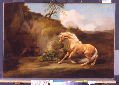 Koń przestraszony przez lwa, ok. 1790-5 autorstwa George Stubbs
