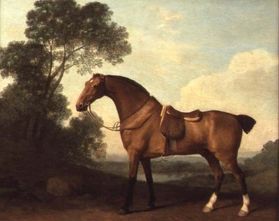 Osiodłany łowca zatoki w krajobrazie z jeziorem za nim autorstwa George Stubbs