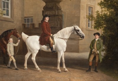 Szczegół: William Henry Cavendish Bentinck, 3. książę Portland przed stajniami jeździeckimi opactwa Welbeck, 1766-7 autorstwa George Stubbs