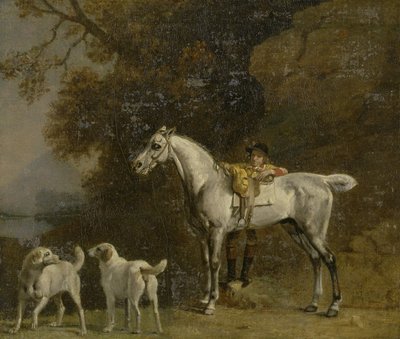 Łowca z Szarym Łowcem i Dwoma Foxhoundami: szczegóły ze zdjęcia „Polowanie” w Goodwood autorstwa George Stubbs