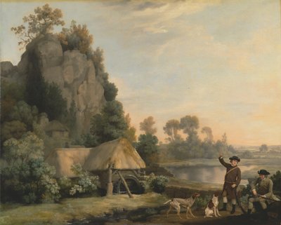 Dwóch dżentelmenów podczas strzelaniny, z widokiem na Creswell Crags, zrobione na miejscu autorstwa George Stubbs
