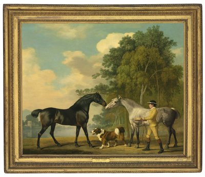 Dwóch myśliwych z młodym stajennym i psem nad jeziorem, 1778 autorstwa George Stubbs