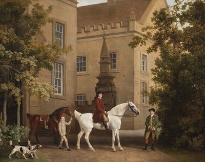 William Henry Cavendish Bentinck, 3. książę Portland przed stajniami jeździeckimi opactwa Welbeck, 1766-7 autorstwa George Stubbs