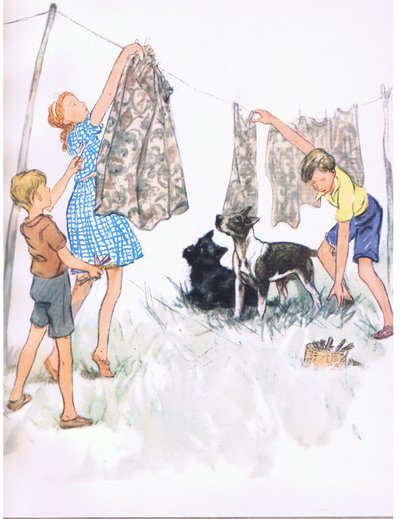 Rozwieszanie prania na sznurku - Nobby Bull terrier i Ferdinand Aberdeen, od Pets Limited opublikowane przez Collins autorstwa George Vernon Stokes