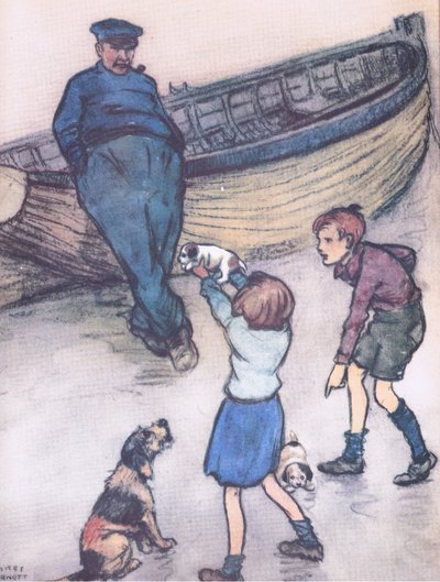 Rosie patrzyła z niepokojem, gdy jej dzieci były pokazywane, z Mudlarks opublikowanego przez Collins autorstwa George Vernon Stokes