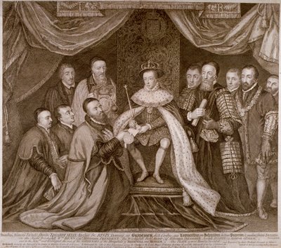 Edward VI podpisujący statut dający Bridewell londyńskiemu City za przytułek, 1552 1750 autorstwa George Vertue