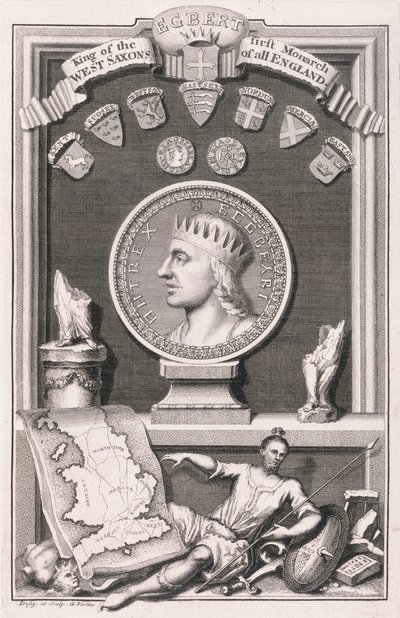 Egbert (zm.839) król Sasów Zachodnich, pierwszy monarcha całej Anglii, ryty przez artystę (grafika) autorstwa George Vertue