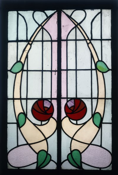 Panel witrażowy przedstawiający stylizowane róże (witraż ołowiowy, rama drewniana) autorstwa George Walton