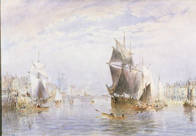 Mały statek na rzece w Whitby przy Whitby Bridge, 1877 (wc i zdrapywanie) autorstwa George Weatherill