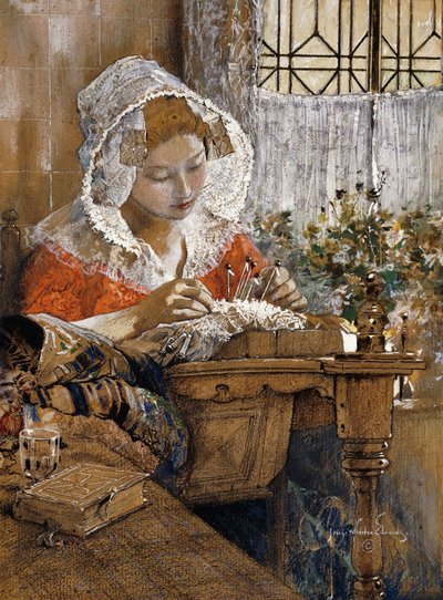 Flamandzki Lacemaker, ok. 1925 (gwasz, pastel i ołówek na brązowym papierze) autorstwa George Wharton Edwards