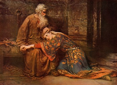 Szekspir: Cordelia pociesza Króla Leara w więzieniu, Król Lear, Akt V, Scena 3 (kolor lito) autorstwa George William (after) Joy