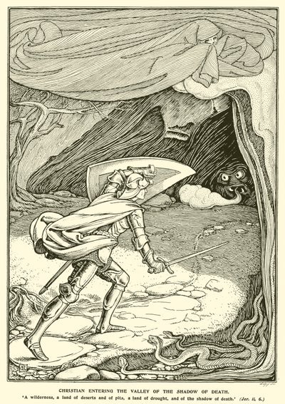 Christian wkraczający do Doliny Cienia Śmierci (rycina) autorstwa George Woolliscroft Rhead