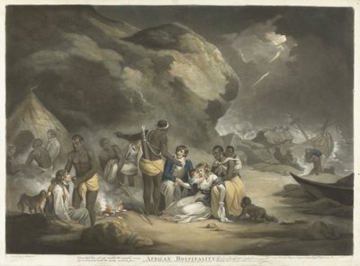 African Hospitality, pub.1791 (ręcznie barwiony grawerunek) autorstwa George after Morland