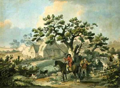 Strzelanie do kuropatwy, ryci. Thomas Rowlandson (1756-1827), wyd. J. Harris, 1789 (akwaforta kolorowa) (patrz także 125724, 125726-27) autorstwa George after Morland