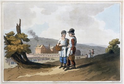Dzieci fabryczne, z „Strój z Yorkshire rytowany przez Roberta Havella (1769-1832) 1814 (akwatinta ręcznie kolorowana) autorstwa George after Walker