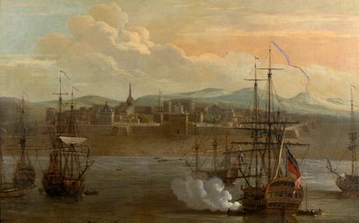 Uma pintura de Fort St George em Madras, Índia. Em 1731. Forte militar e porto com navios. Canhão do navio sendo disparado. Fumaça. Battle.polish autorstwa George and Scott Samuel (1710 72) Lambert