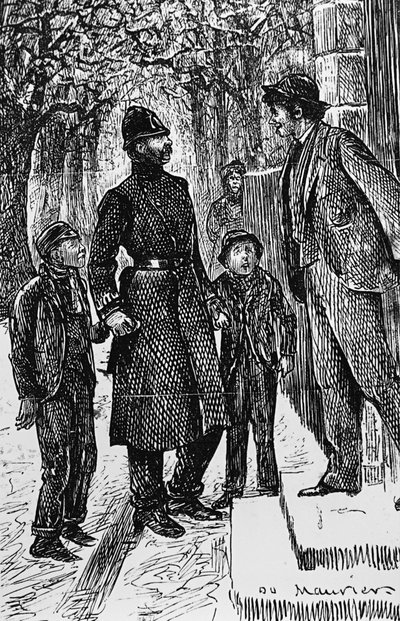 Londyński policjant przedstawiający dwóch ulicznych Arabów dżentelmenowi, przed którego progiem ślizgają się po lodzie autorstwa George du Maurier