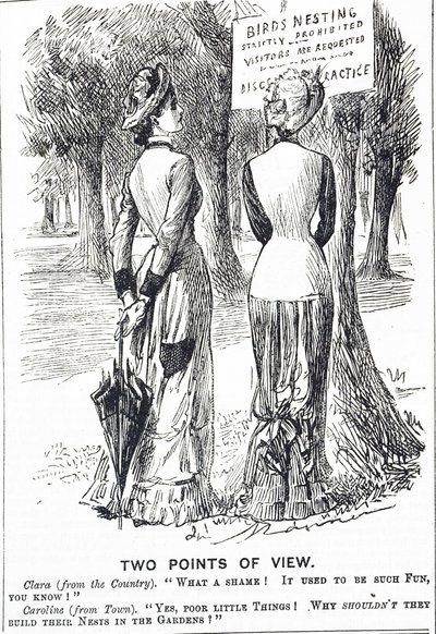 Karykatura komentująca ustawę o ochronie ptaków z 1880 r. autorstwa George du Maurier