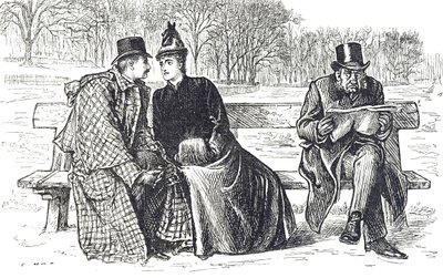 Komiks przedstawiający parę wymieniającą czułości na ławce w parku, podczas gdy mężczyzna obok nich patrzy z dezaprobatą autorstwa George du Maurier