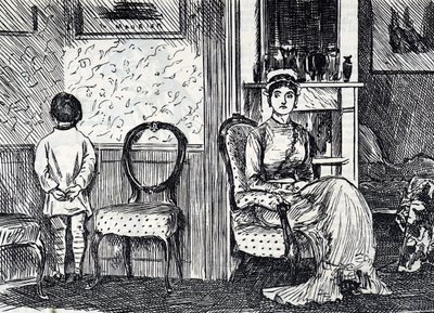 Kreskówka przedstawiająca matkę karzącą syna, zmuszając go do stania twarzą do ściany autorstwa George du Maurier