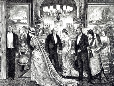 Kreskówka przedstawiająca elegancki wieczór w wiktoriańskim domu autorstwa George du Maurier