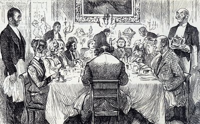 Kreskówka przedstawiająca elegancki wieczór w wiktoriańskim domu autorstwa George du Maurier