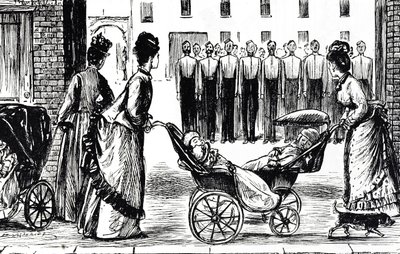 Komiks przedstawiający pielęgniarki jadące wózki obok baraków autorstwa George du Maurier