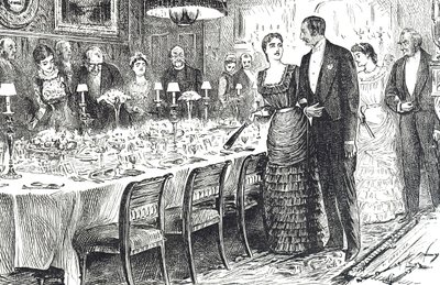 Komiks zatytułowany „Going into Dinner” przedstawiający młodą parę wchodzącą do jadalni autorstwa George du Maurier